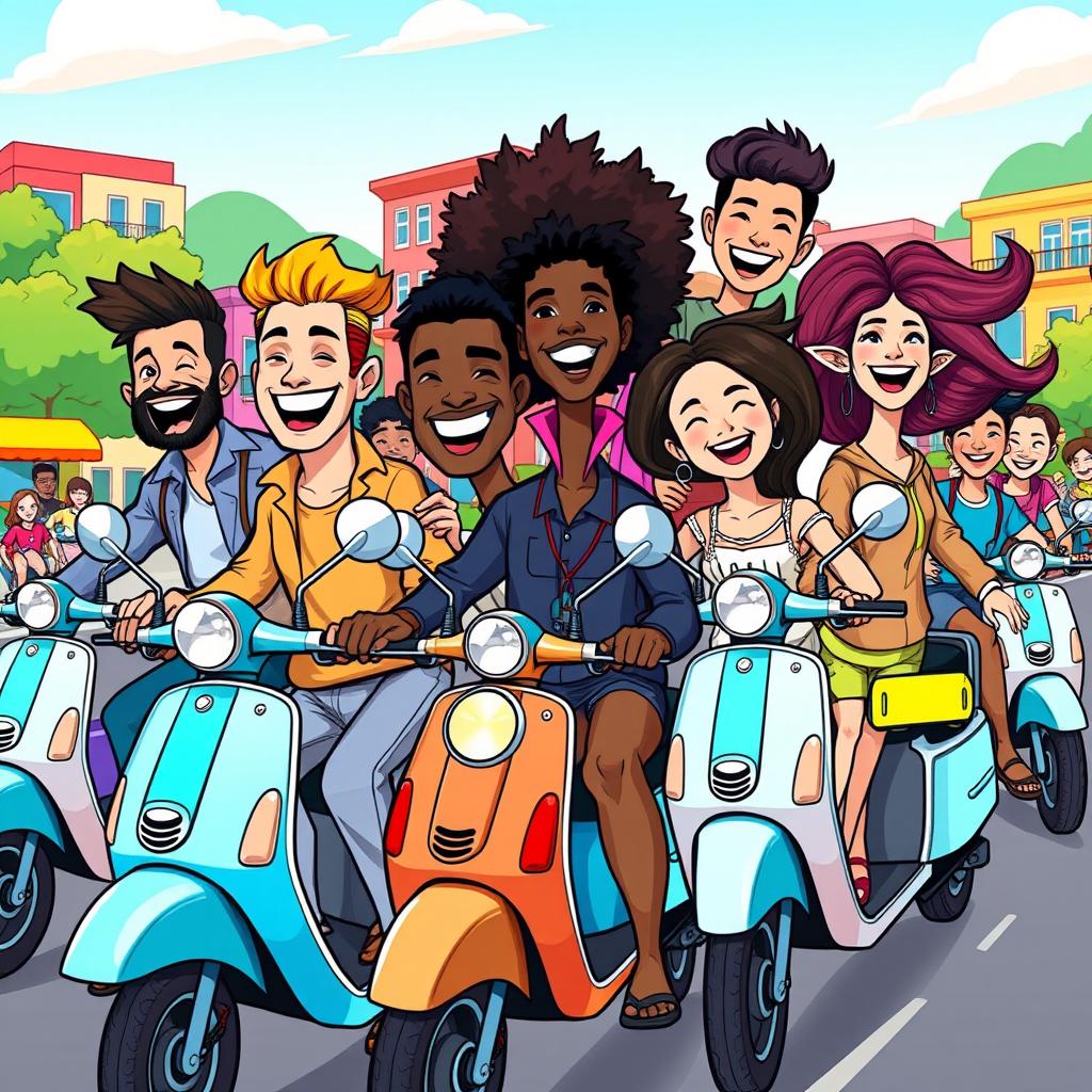 A vibrant, cartoon-style illustration featuring a diverse group of men and women joyfully riding bright blue scooters