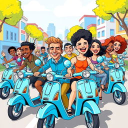 A vibrant, cartoon-style illustration featuring a diverse group of men and women joyfully riding bright blue scooters