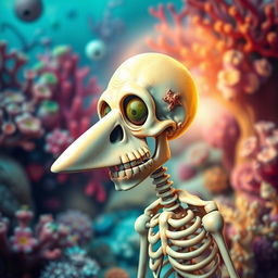A surreal and imaginative representation of Squidward as a skeleton in an artistic style