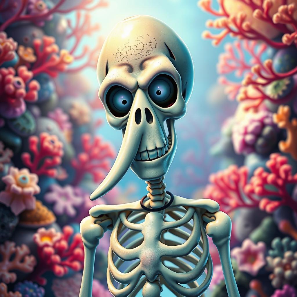 A surreal and imaginative representation of Squidward as a skeleton in an artistic style