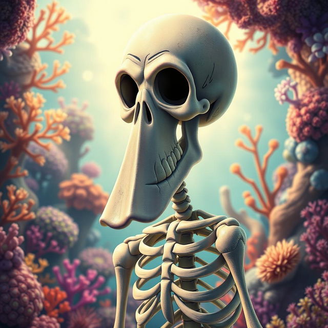 A surreal and imaginative representation of Squidward as a skeleton in an artistic style