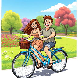 A vibrant cartoon image featuring a woman and a man joyfully riding together on a bright blue bicycle, surrounded by a picturesque park landscape with colorful flowers, green trees, and a sunny blue sky