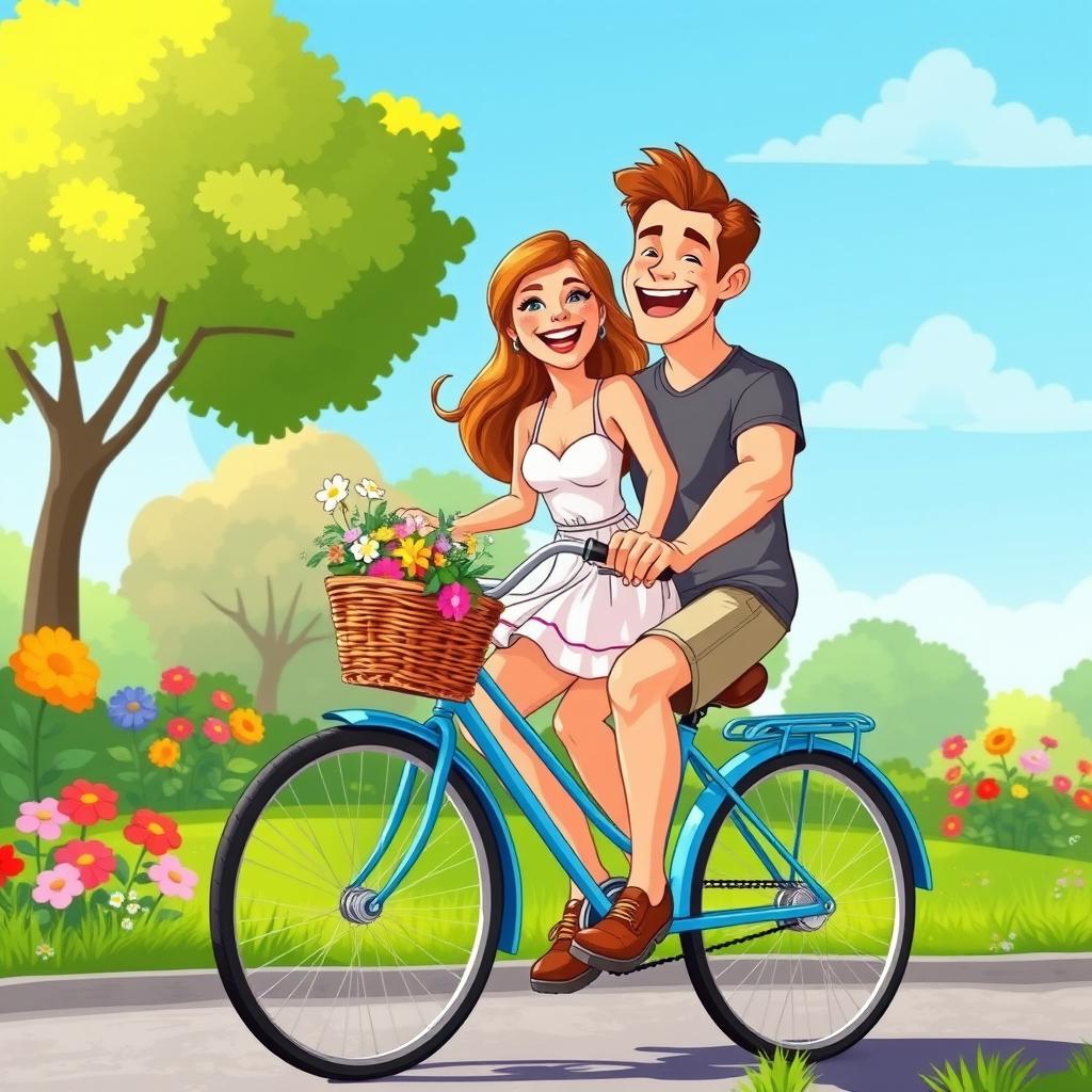 A vibrant cartoon image featuring a woman and a man joyfully riding together on a bright blue bicycle, surrounded by a picturesque park landscape with colorful flowers, green trees, and a sunny blue sky