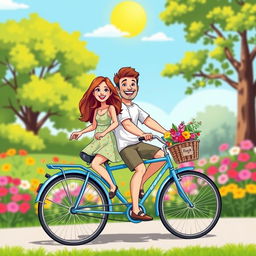 A vibrant cartoon image featuring a woman and a man joyfully riding together on a bright blue bicycle, surrounded by a picturesque park landscape with colorful flowers, green trees, and a sunny blue sky