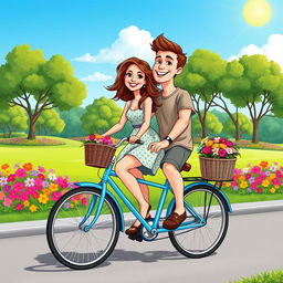 A vibrant cartoon image featuring a woman and a man joyfully riding together on a bright blue bicycle, surrounded by a picturesque park landscape with colorful flowers, green trees, and a sunny blue sky