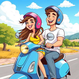 A vibrant cartoon image of a man and a woman joyfully riding a blue scooter together