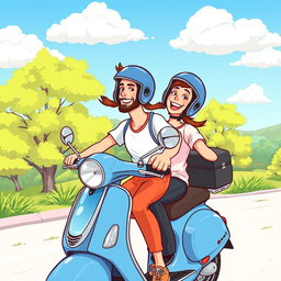 A vibrant cartoon image of a man and a woman joyfully riding a blue scooter together