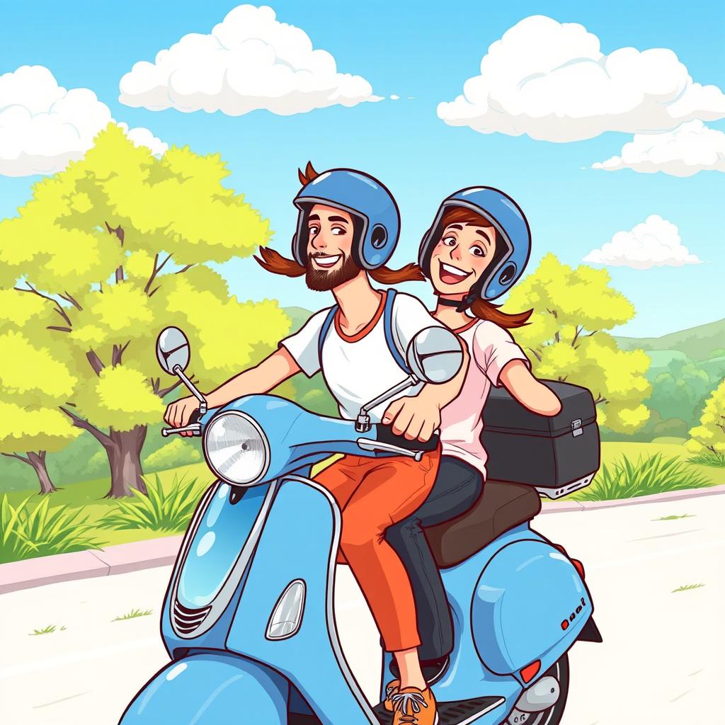 A vibrant cartoon image of a man and a woman joyfully riding a blue scooter together