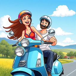 A vibrant cartoon image of a man and a woman joyfully riding a blue scooter together