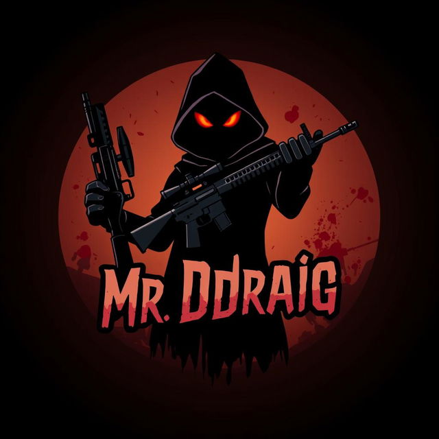 A logo design featuring a shadowy figure with glowing red eyes, holding a black sniper rifle (AWM) in one hand