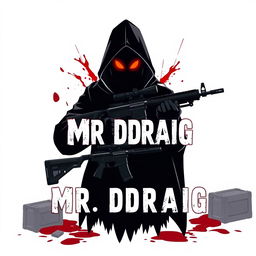 A logo design featuring a shadowy figure with glowing red eyes, holding a black sniper rifle (AWM) in one hand