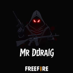 A logo design featuring a shadowy figure with glowing red eyes, holding a black sniper rifle (AWM) in one hand