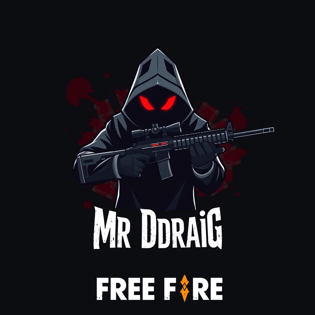 A logo design featuring a shadowy figure with glowing red eyes, holding a black sniper rifle (AWM) in one hand