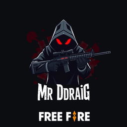 A logo design featuring a shadowy figure with glowing red eyes, holding a black sniper rifle (AWM) in one hand