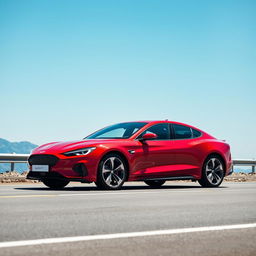 A semi-sporty car in a striking red color, prominently displaying the name 'Falcon V1' on its sleek body