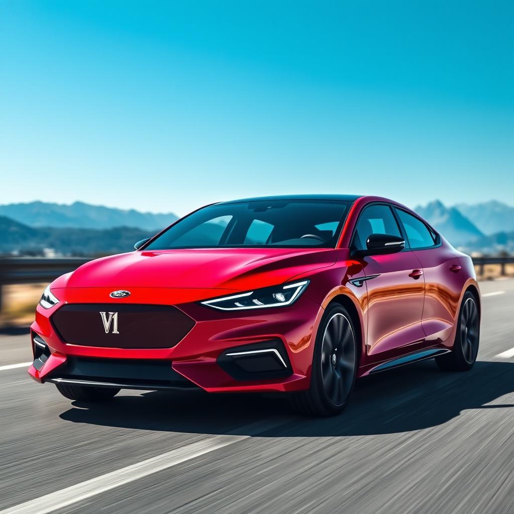 A semi-sporty car in a striking red color, prominently displaying the name 'Falcon V1' on its sleek body