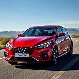 A semi-sporty car in a striking red color, prominently displaying the name 'Falcon V1' on its sleek body
