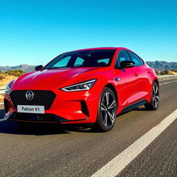 A semi-sporty car in a striking red color, prominently displaying the name 'Falcon V1' on its sleek body