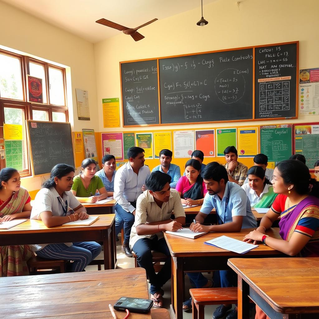 A vibrant classroom scene set in a Tamil Nadu college, featuring students of diverse backgrounds engaged in lively discussions