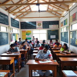 A vibrant classroom scene set in a Tamil Nadu college, featuring students of diverse backgrounds engaged in lively discussions