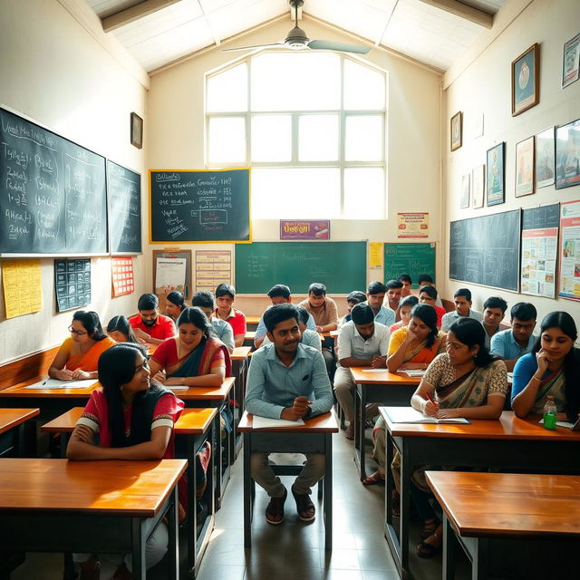 A vibrant classroom scene set in a Tamil Nadu college, featuring students of diverse backgrounds engaged in lively discussions