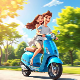 An animated scene featuring a teenage girl and boy happily riding a bright blue scooter