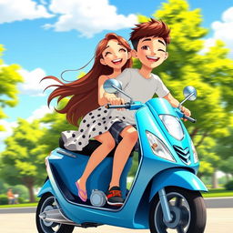 An animated scene featuring a teenage girl and boy happily riding a bright blue scooter
