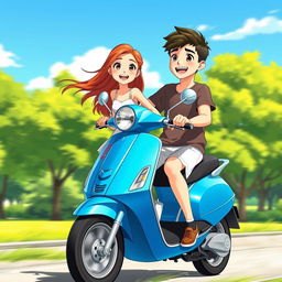 An animated scene featuring a teenage girl and boy happily riding a bright blue scooter