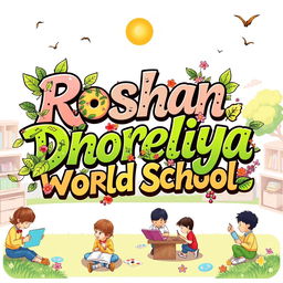 An artistic and modern lettering design that creatively spells out 'Roshan Dhoreliya World School'