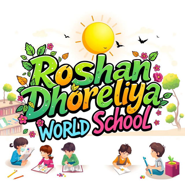 An artistic and modern lettering design that creatively spells out 'Roshan Dhoreliya World School'