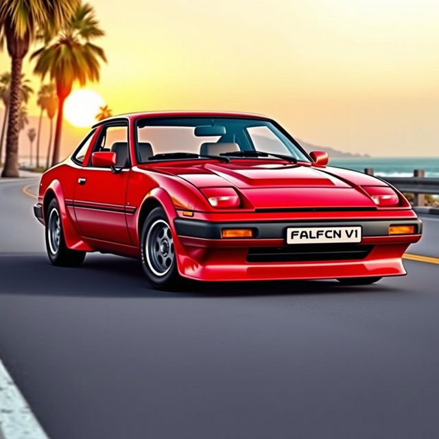 A semi-sporty car in a vibrant red color, inspired by the distinctive aesthetics of the 1980s, prominently featuring the name 'Falcon V1' on its body