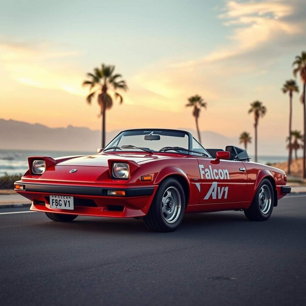 A semi-sporty car in a vibrant red color, inspired by the distinctive aesthetics of the 1980s, prominently featuring the name 'Falcon V1' on its body