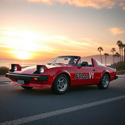 A semi-sporty car in a vibrant red color, inspired by the distinctive aesthetics of the 1980s, prominently featuring the name 'Falcon V1' on its body