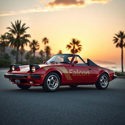 A semi-sporty car in a vibrant red color, inspired by the distinctive aesthetics of the 1980s, prominently featuring the name 'Falcon V1' on its body