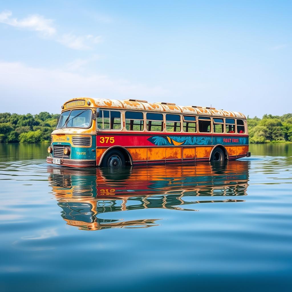 A traditional old bus, elegantly detailed and weathered, floating gracefully on serene water