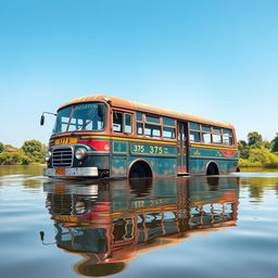A traditional old bus, elegantly detailed and weathered, floating gracefully on serene water
