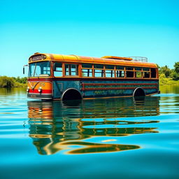 A traditional old bus, elegantly detailed and weathered, floating gracefully on serene water