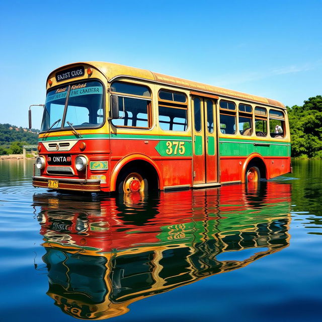 A traditional old bus, elegantly detailed and weathered, floating gracefully on serene water