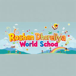 The phrase 'Roshan Dhoreliya World School' depicted in a vibrant, imaginative, and fantastical style, with elements of creativity such as colorful swirls, sparkling stars, playful font variations, and illustrations of books, flying papers, and playful students