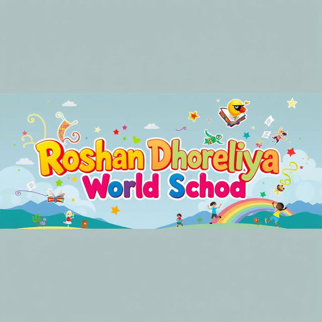 The phrase 'Roshan Dhoreliya World School' depicted in a vibrant, imaginative, and fantastical style, with elements of creativity such as colorful swirls, sparkling stars, playful font variations, and illustrations of books, flying papers, and playful students