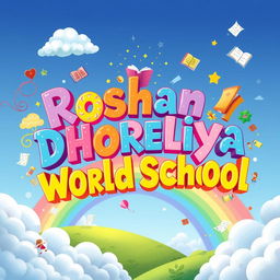 The phrase 'Roshan Dhoreliya World School' depicted in a vibrant, imaginative, and fantastical style, with elements of creativity such as colorful swirls, sparkling stars, playful font variations, and illustrations of books, flying papers, and playful students