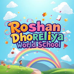 The phrase 'Roshan Dhoreliya World School' depicted in a vibrant, imaginative, and fantastical style, with elements of creativity such as colorful swirls, sparkling stars, playful font variations, and illustrations of books, flying papers, and playful students