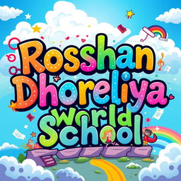 The phrase 'Roshan Dhoreliya World School' depicted in a vibrant, imaginative, and fantastical style, with elements of creativity such as colorful swirls, sparkling stars, playful font variations, and illustrations of books, flying papers, and playful students