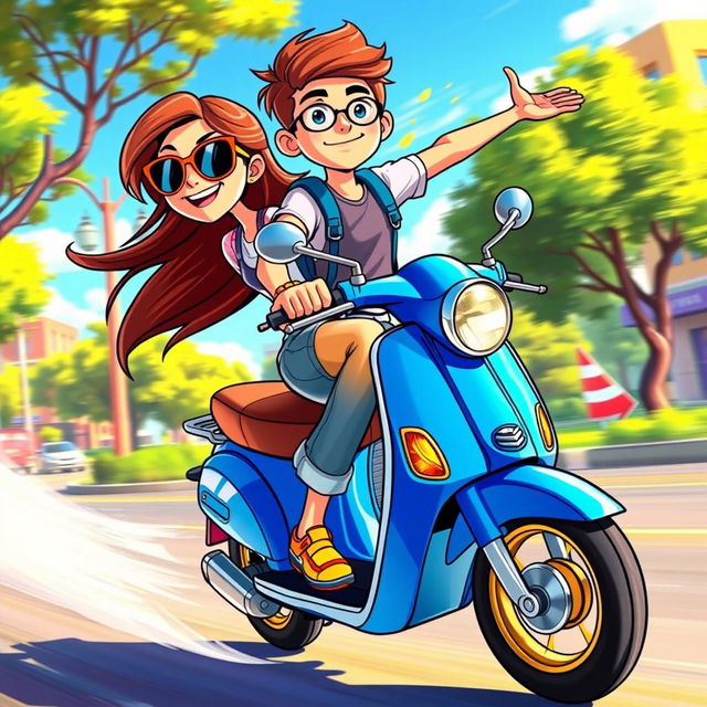 A vibrant and dynamic animation scene featuring a teenage girl confidently riding a blue scooty