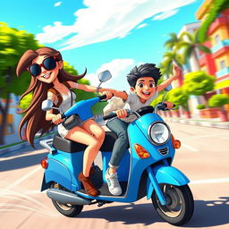 A vibrant and dynamic animation scene featuring a teenage girl confidently riding a blue scooty