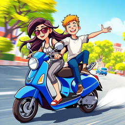 A vibrant and dynamic animation scene featuring a teenage girl confidently riding a blue scooty