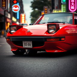 A semi-sporty car in a vibrant red color, deeply inspired by the aesthetic of the 1980s, featuring distinctive design elements that capture the retro vibe