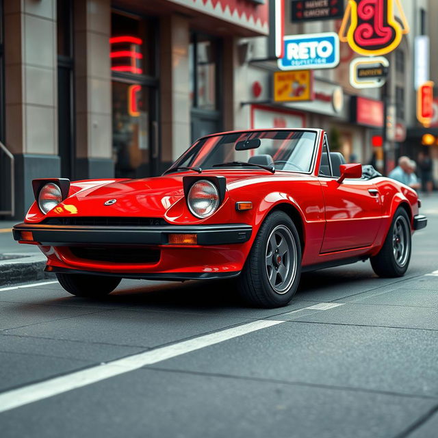 A semi-sporty car in a vibrant red color, deeply inspired by the aesthetic of the 1980s, featuring distinctive design elements that capture the retro vibe