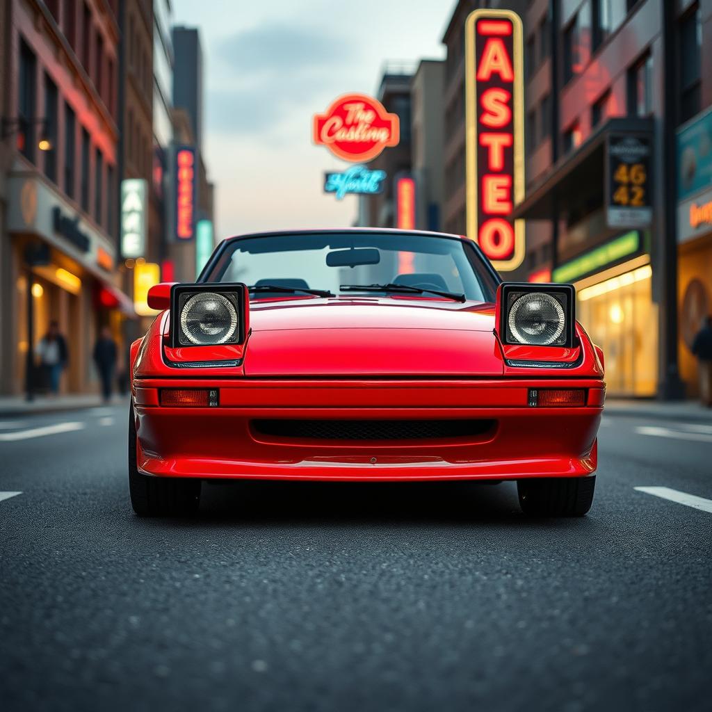 A semi-sporty car in a vibrant red color, deeply inspired by the aesthetic of the 1980s, featuring distinctive design elements that capture the retro vibe