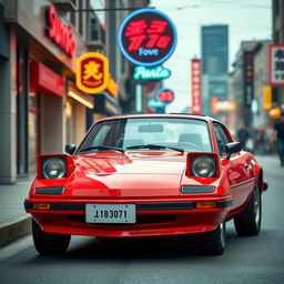 A semi-sporty car in a vibrant red color, deeply inspired by the aesthetic of the 1980s, featuring distinctive design elements that capture the retro vibe